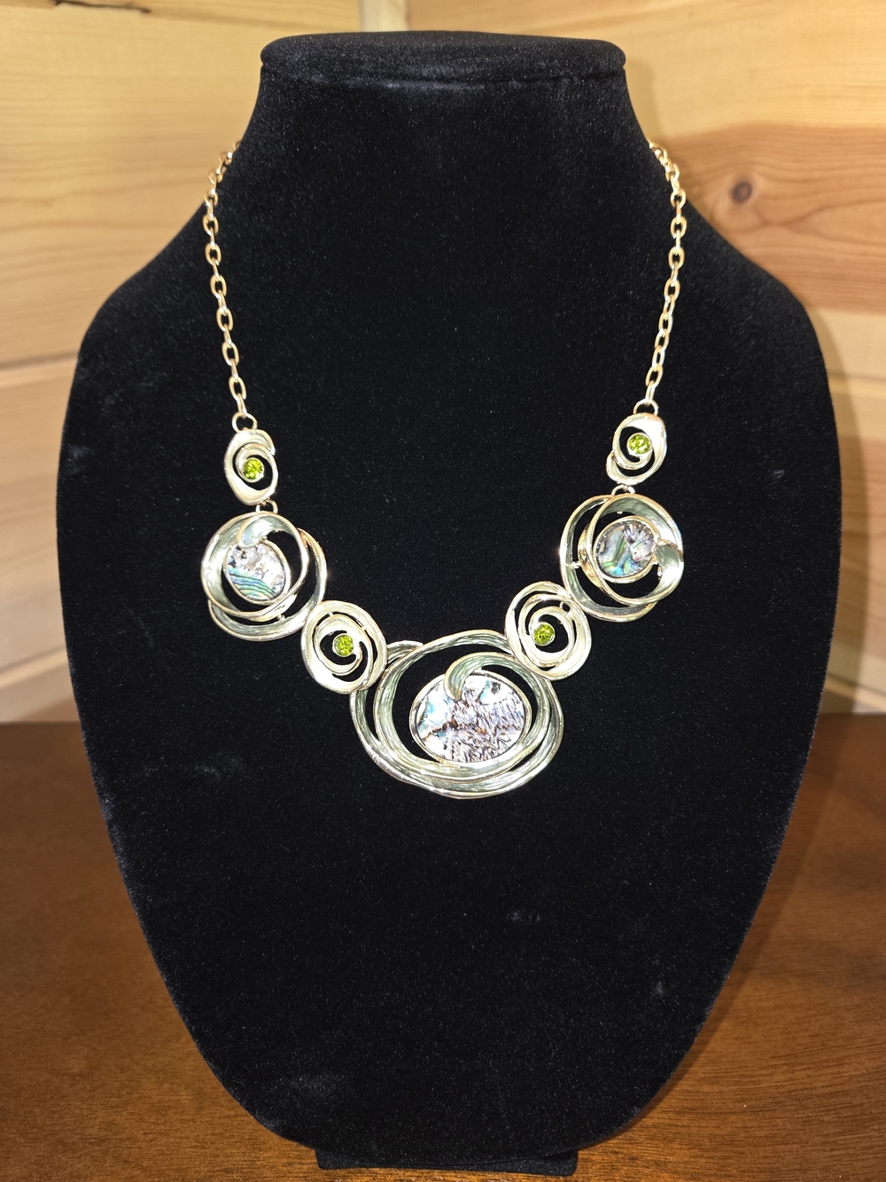 Abalone‎ Shell Gold-Tone Necklace With Green Accent Crystals